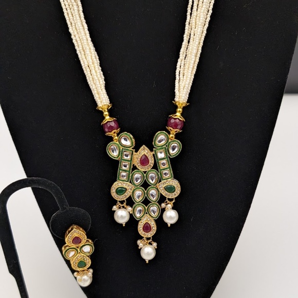 Indian Ethnic Meenakari Jadtar with Rice Pulse Necklace Earrings - Picture 4 of 4